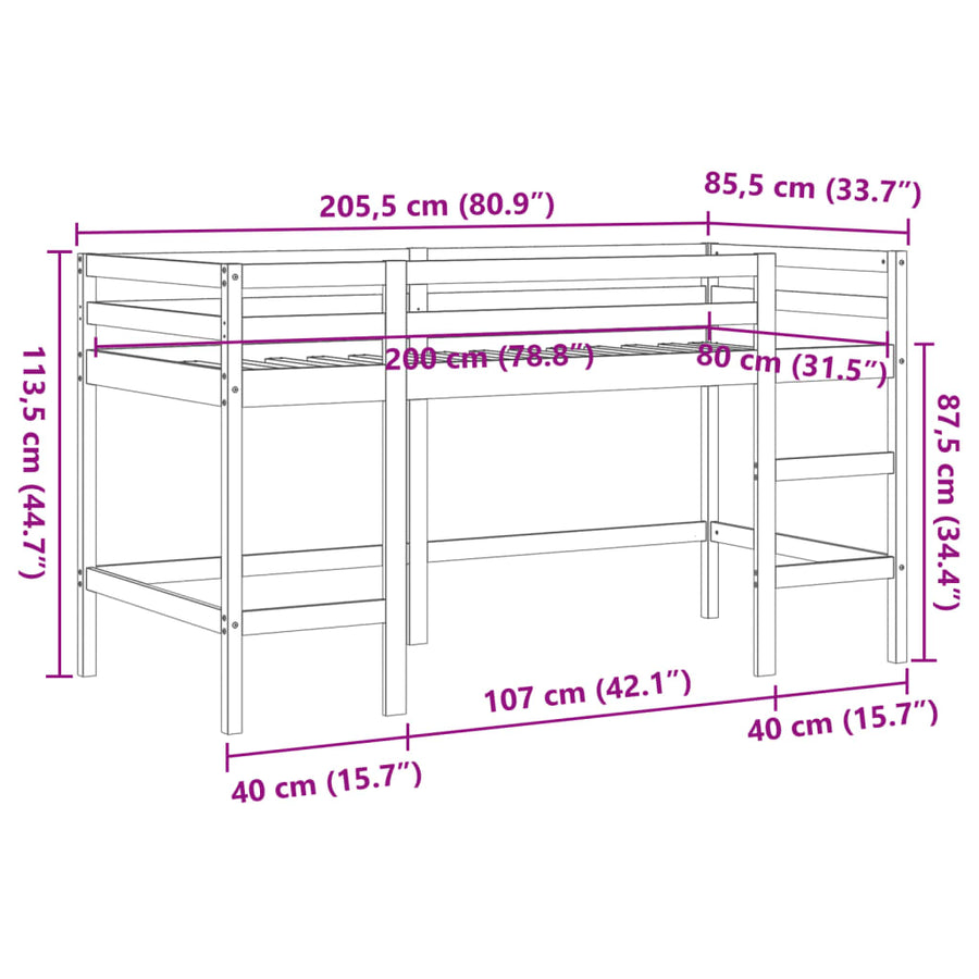 Kinderhoogslaper met ladder 80x200 cm massief grenenhout bruin