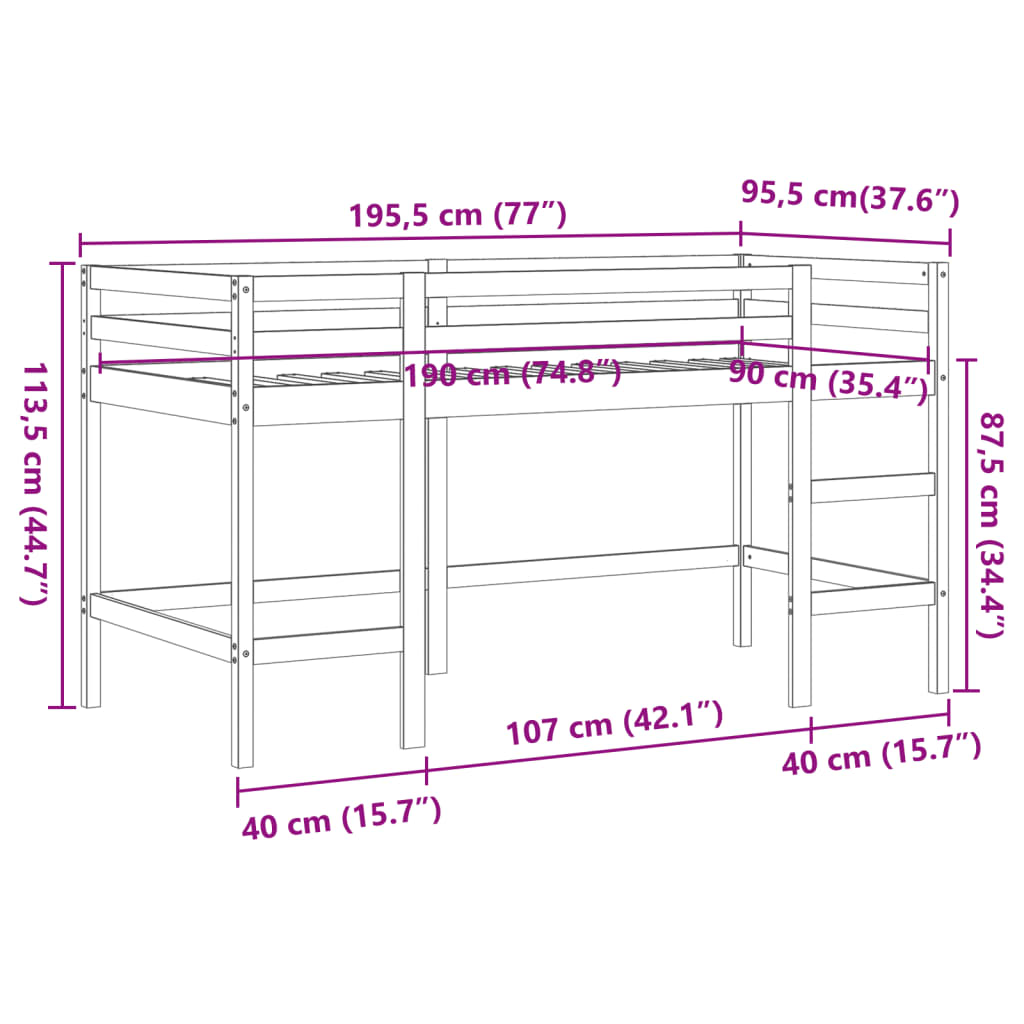 Kinderhoogslaper met ladder 90x190 cm massief grenenhout bruin