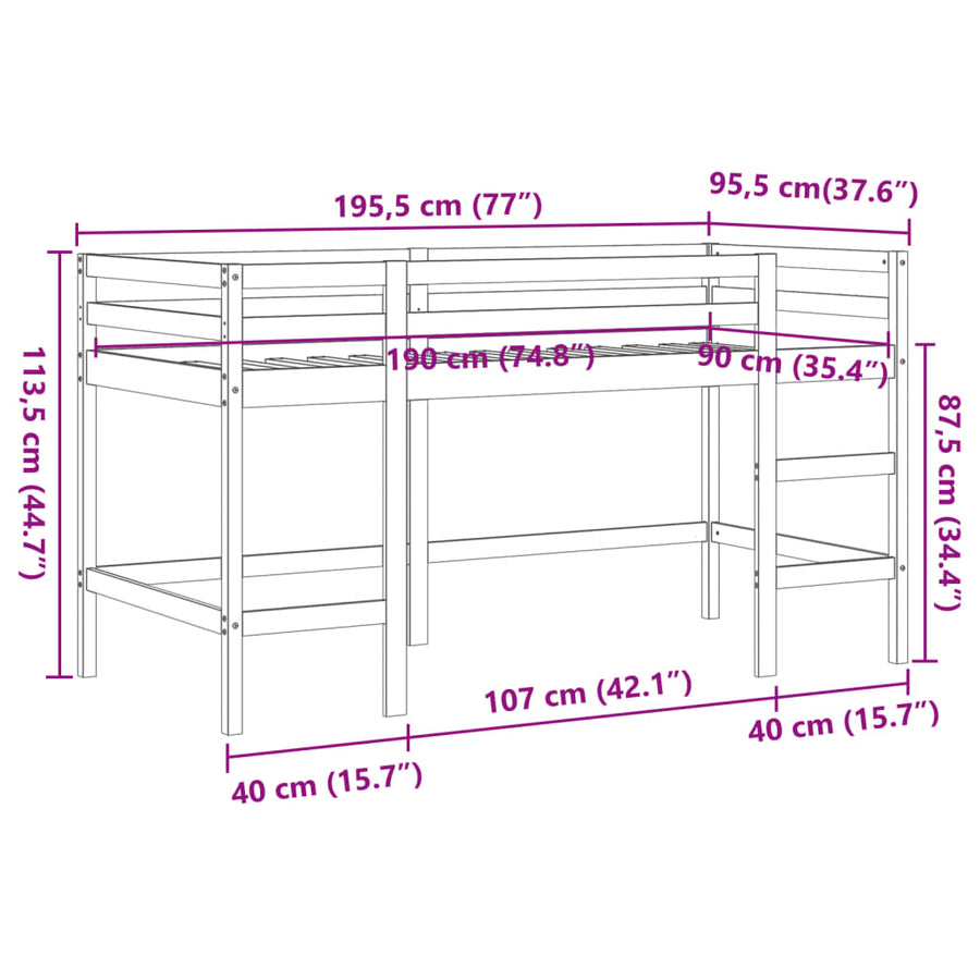 Kinderhoogslaper met ladder 90x190 cm massief grenenhout bruin