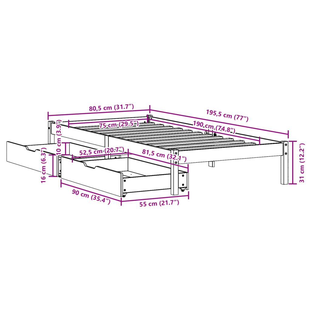 Bedframe zonder matras massief grenenhout wit 75x190 cm