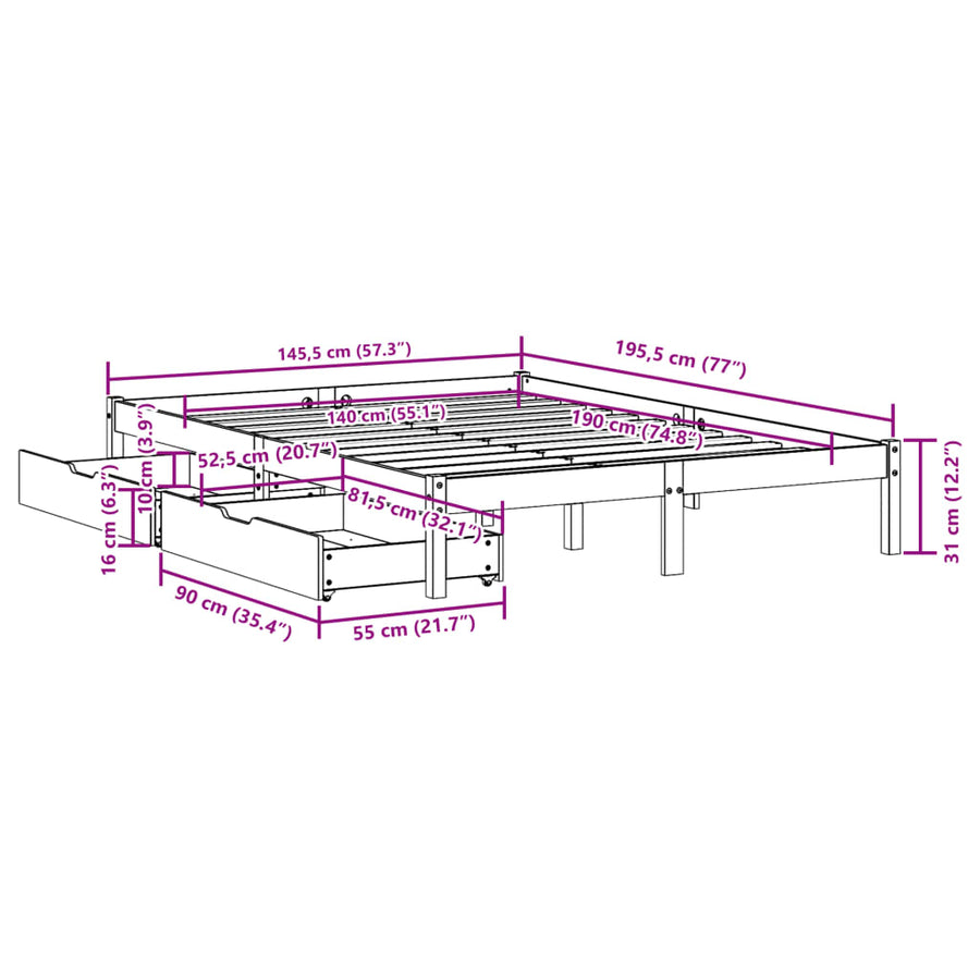 Bedframe zonder matras massief grenenhout wit 140x190 cm