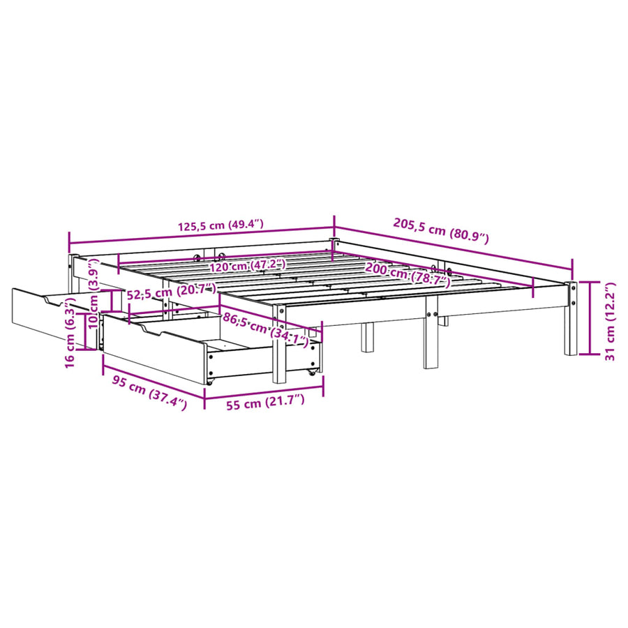 Bedframe zonder matras massief grenenhout wit 120x200 cm