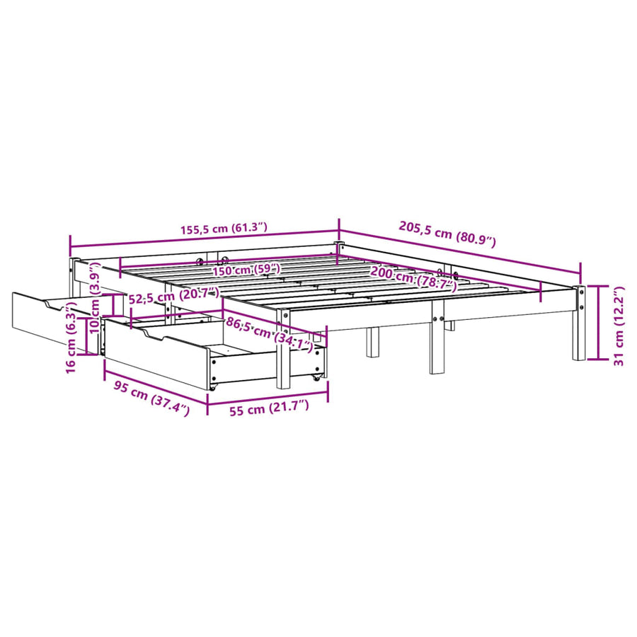 Bedframe zonder matras massief grenenhout wit 150x200 cm
