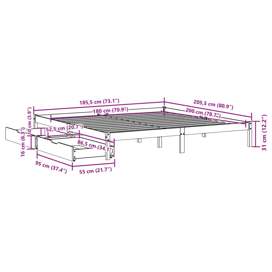 Bedframe zonder matras massief grenenhout wit 180x200 cm