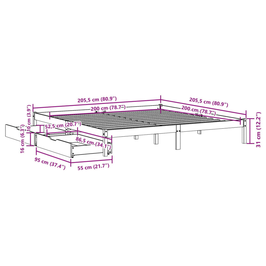 Bedframe zonder matras massief grenenhout wit 200x200 cm