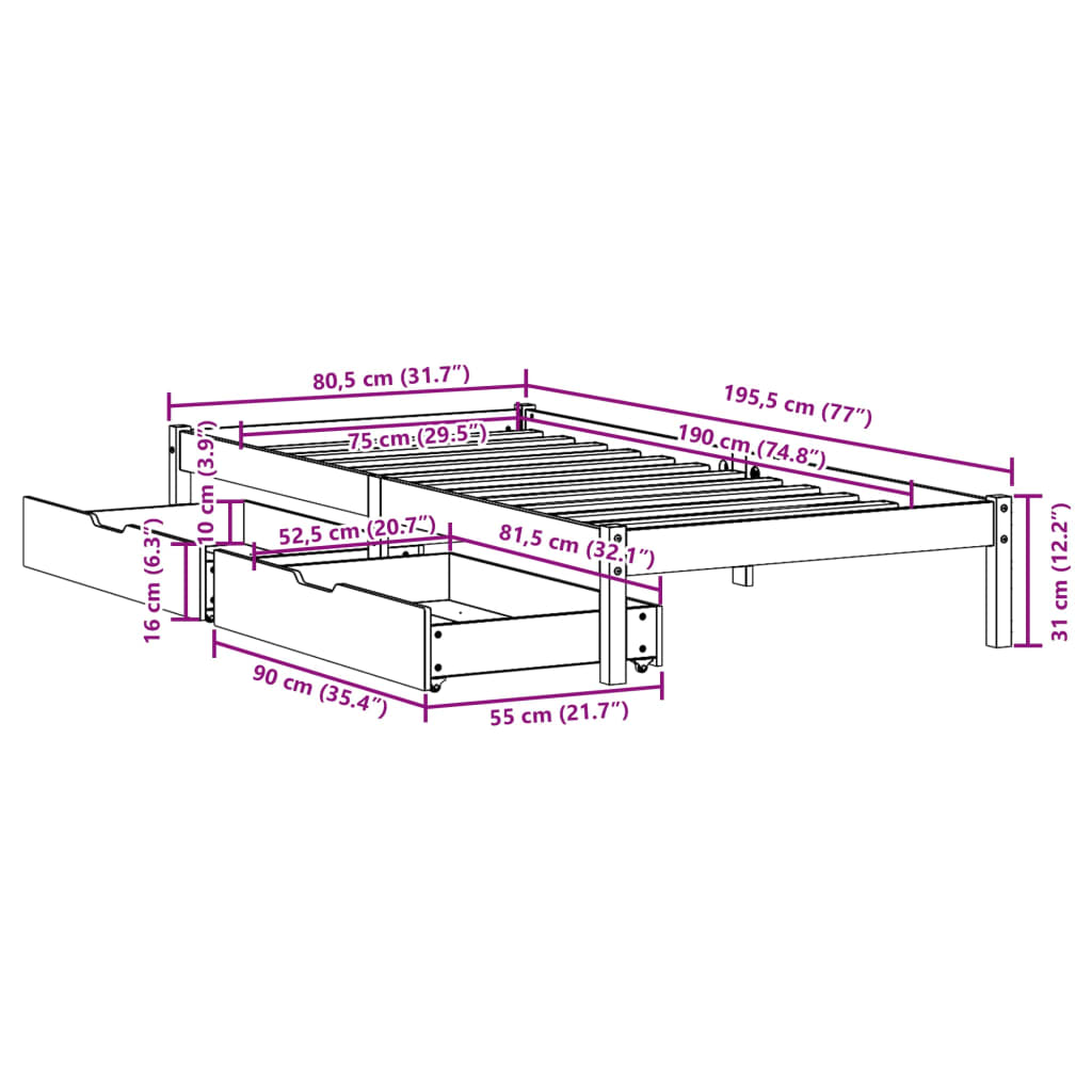 Bedframe zonder matras massief grenenhout wasbruin 75x190 cm
