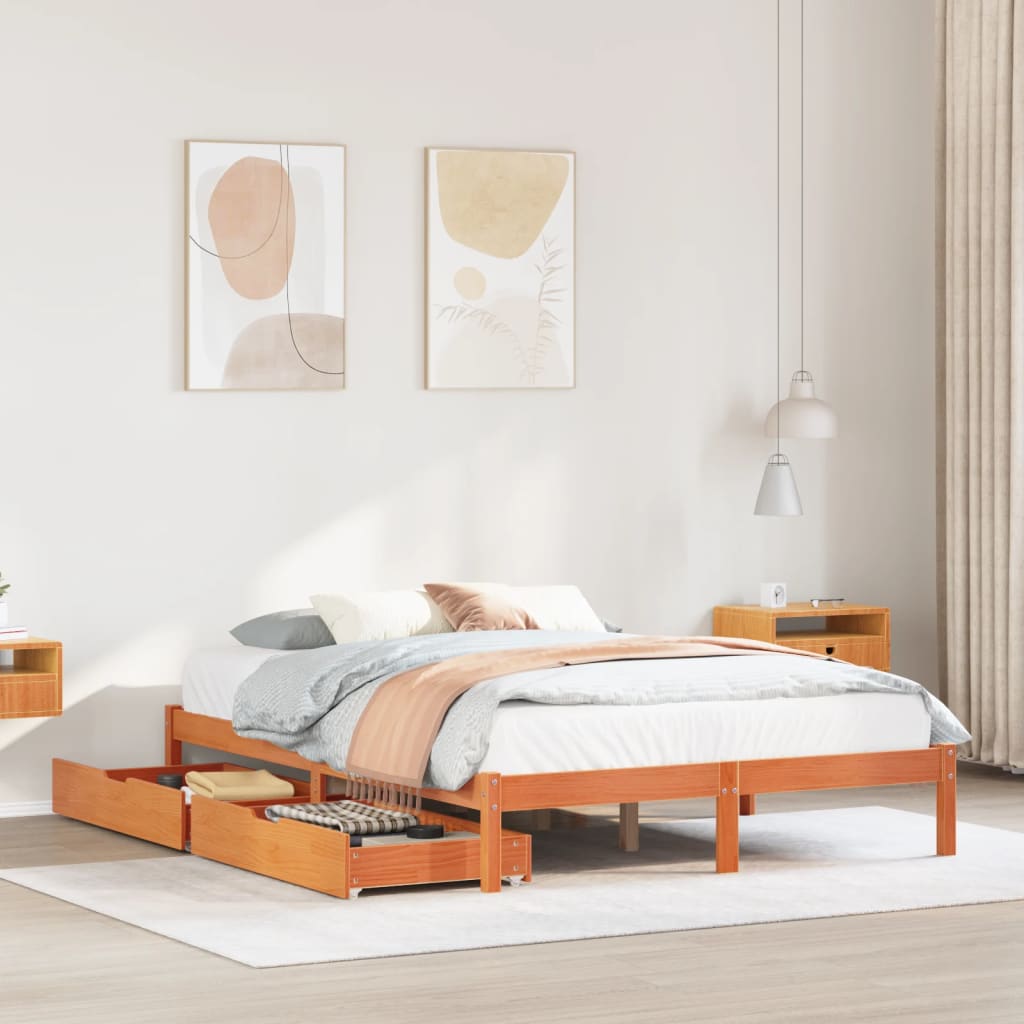 Bedframe zonder matras massief grenenhout wasbruin 135x190 cm
