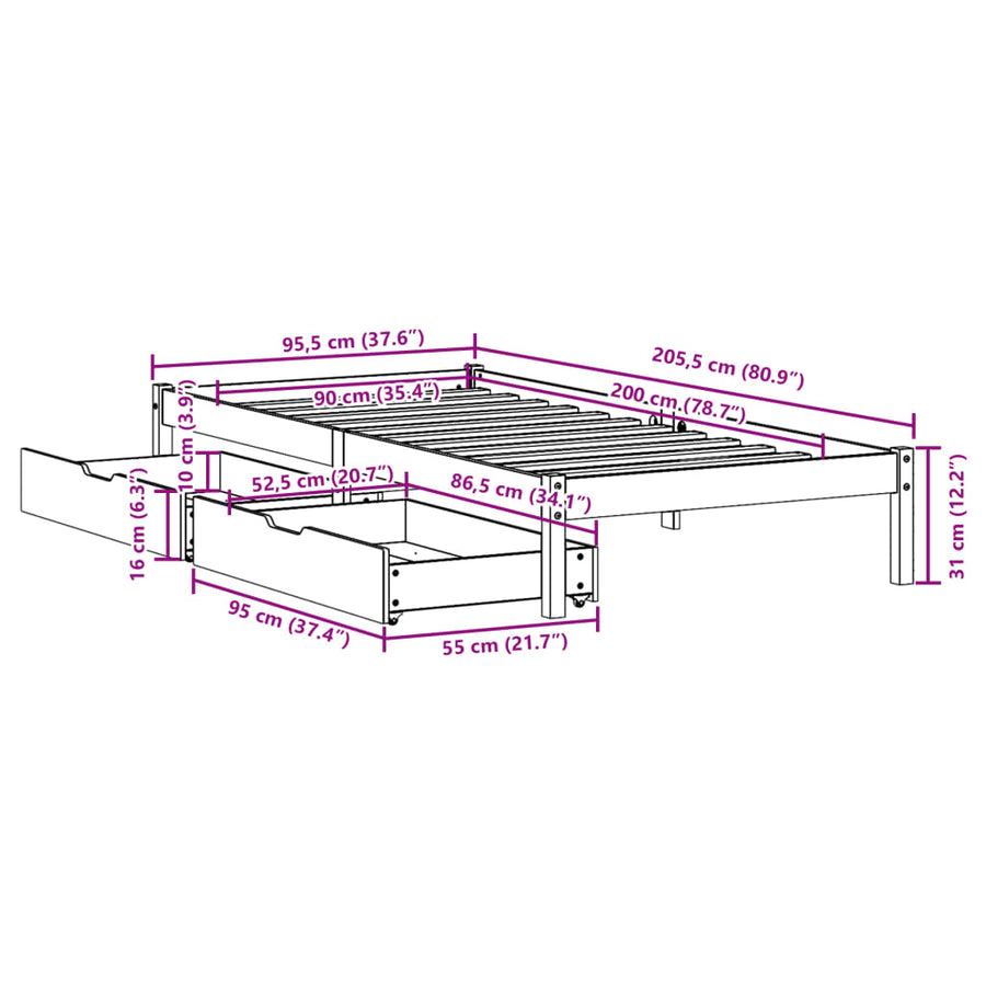 Bedframe zonder matras massief grenenhout wasbruin 90x200 cm