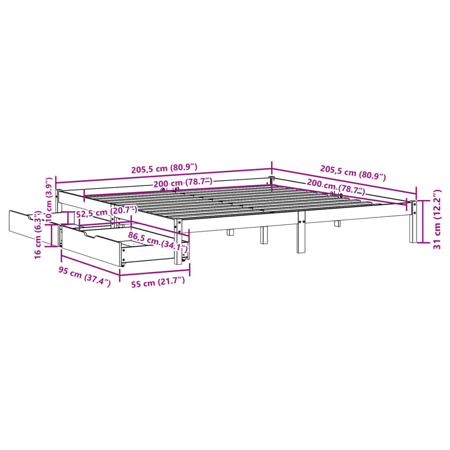 Bedframe zonder matras massief grenenhout wasbruin 200x200 cm