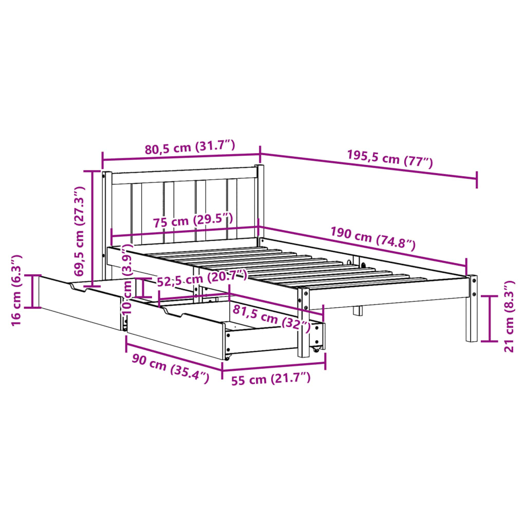 Bedframe zonder matras massief grenenhout 75x190 cm