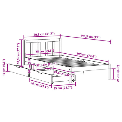 Bedframe zonder matras massief grenenhout 75x190 cm