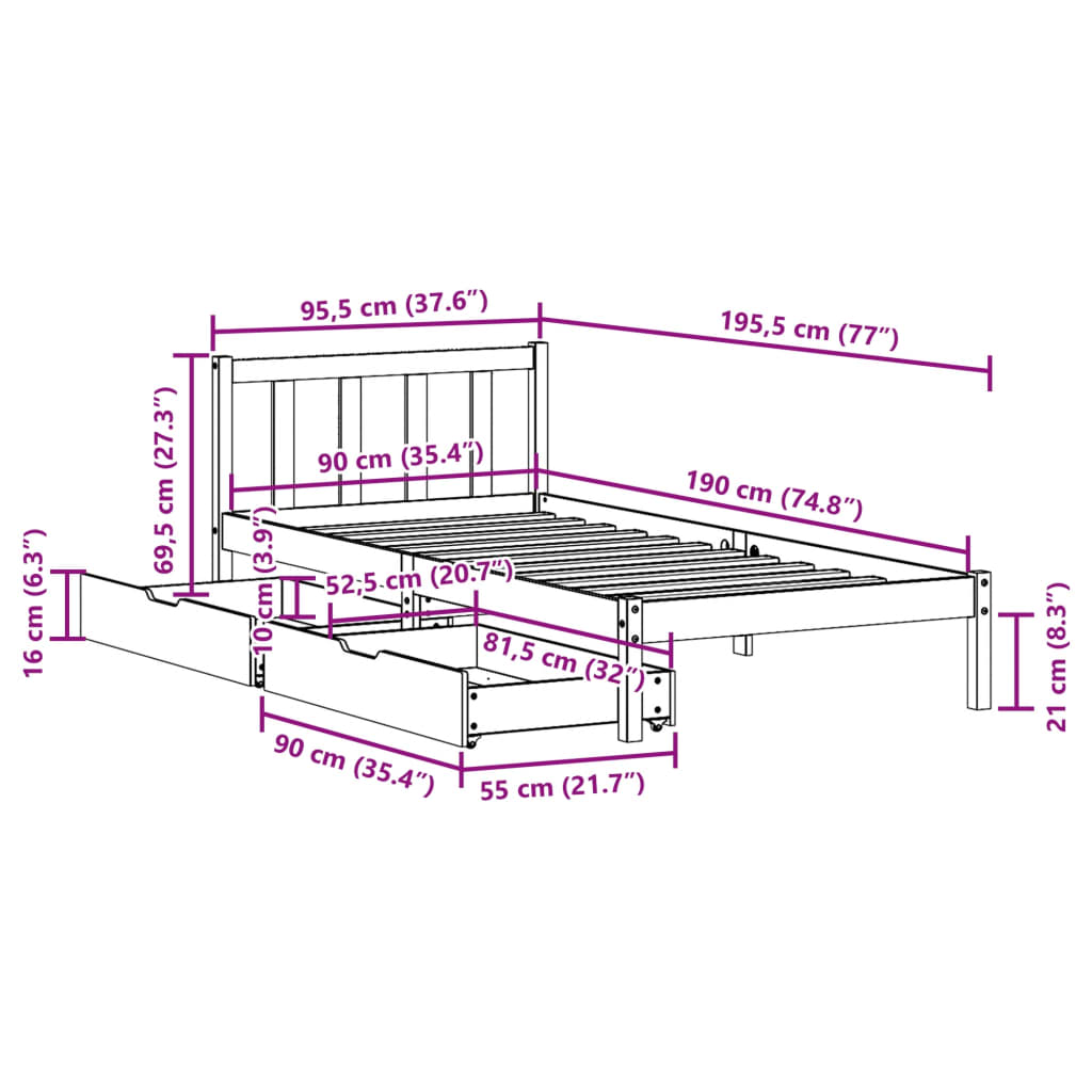 Bedframe zonder matras massief grenenhout wit 90x190 cm