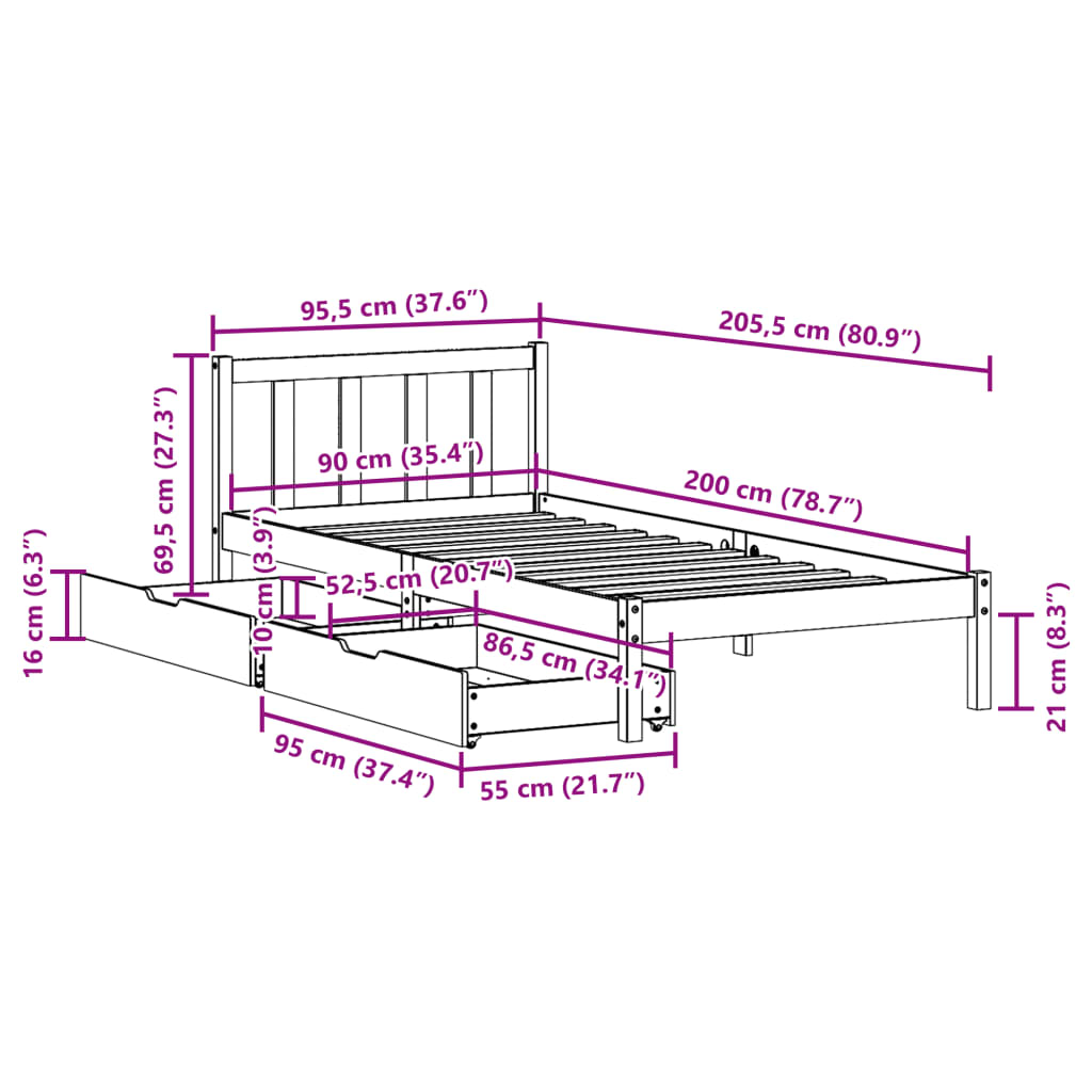 Bedframe zonder matras massief grenenhout wit 90x200 cm