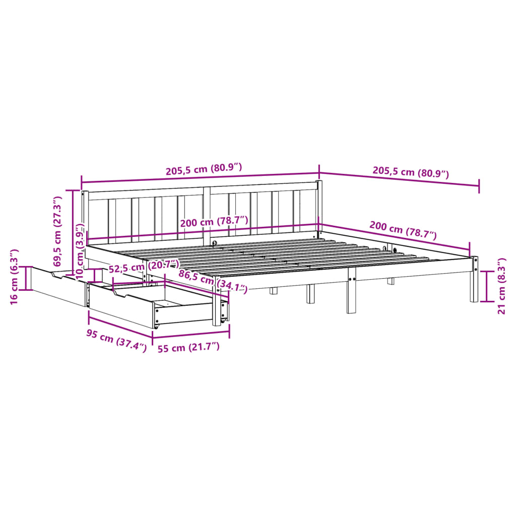 Bedframe zonder matras massief grenenhout 200x200 cm