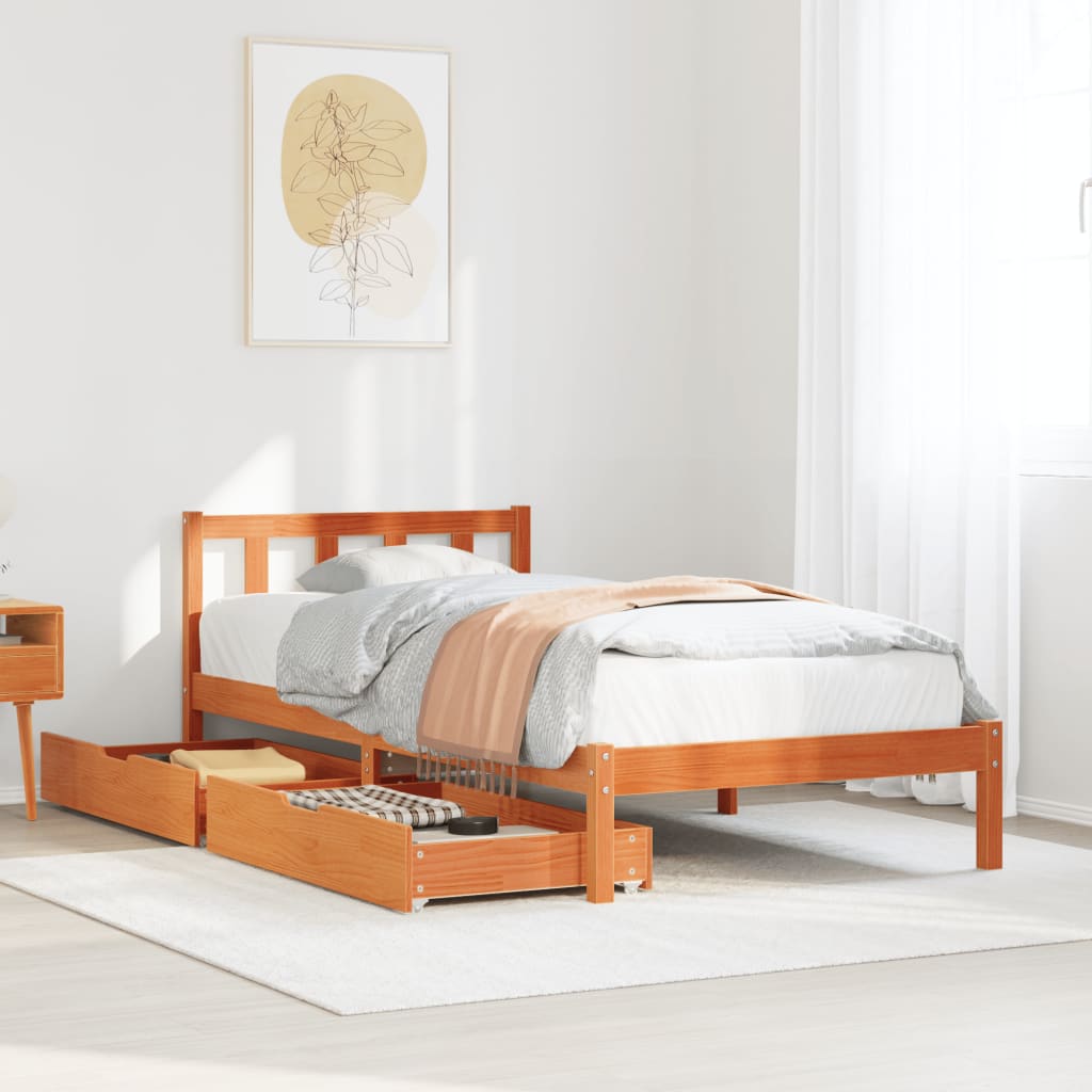 Bedframe zonder matras massief grenenhout wasbruin 75x190 cm