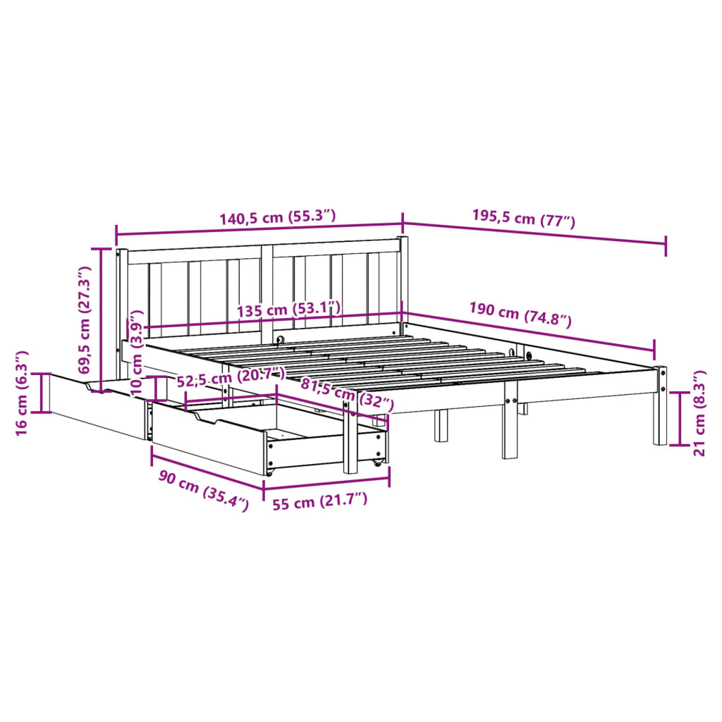 Bedframe zonder matras massief grenenhout wasbruin 135x190 cm