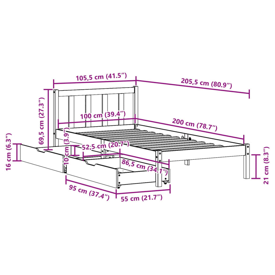 Bedframe zonder matras massief grenenhout wasbruin 100x200 cm
