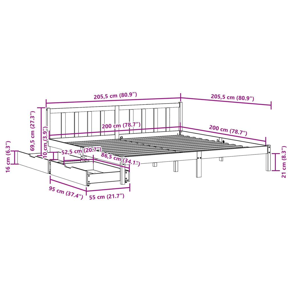 Bedframe zonder matras massief grenenhout wasbruin 200x200 cm