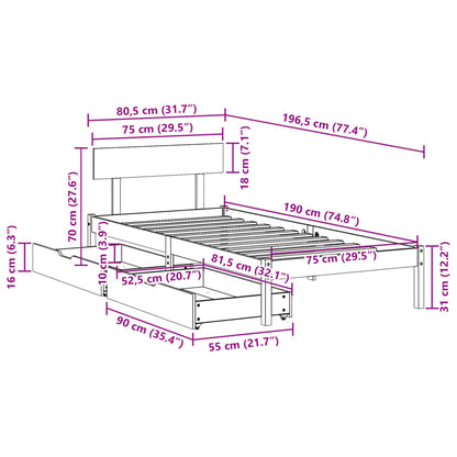 Bedframe zonder matras massief grenenhout wit 75x190 cm