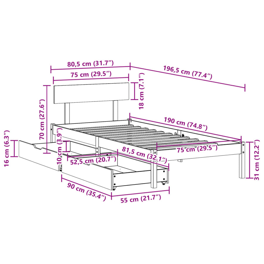 Bedframe zonder matras massief grenenhout wit 75x190 cm