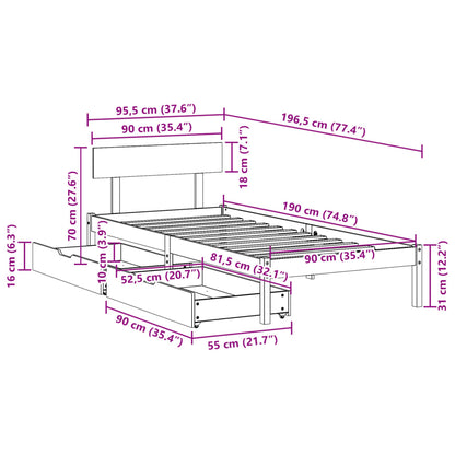 Bedframe zonder matras massief grenenhout wit 90x190 cm