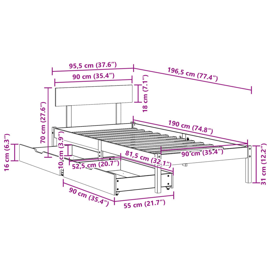 Bedframe zonder matras massief grenenhout wit 90x190 cm
