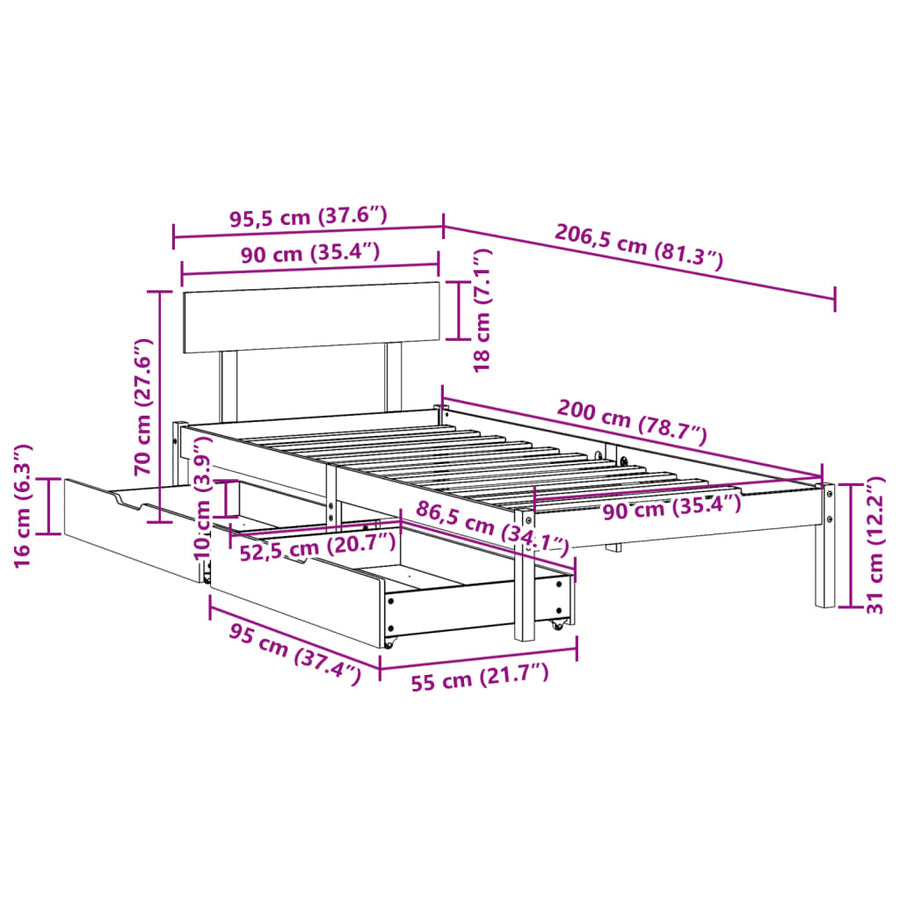Bedframe zonder matras massief grenenhout wit 90x200 cm