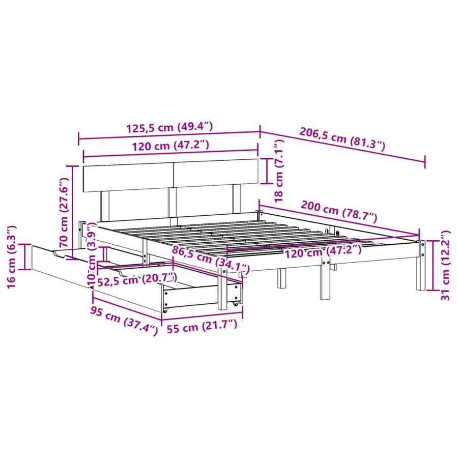 Bedframe zonder matras massief grenenhout wit 120x200 cm
