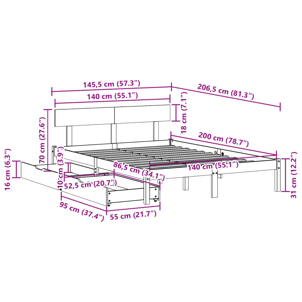 Bedframe zonder matras massief grenenhout wit 140x200 cm