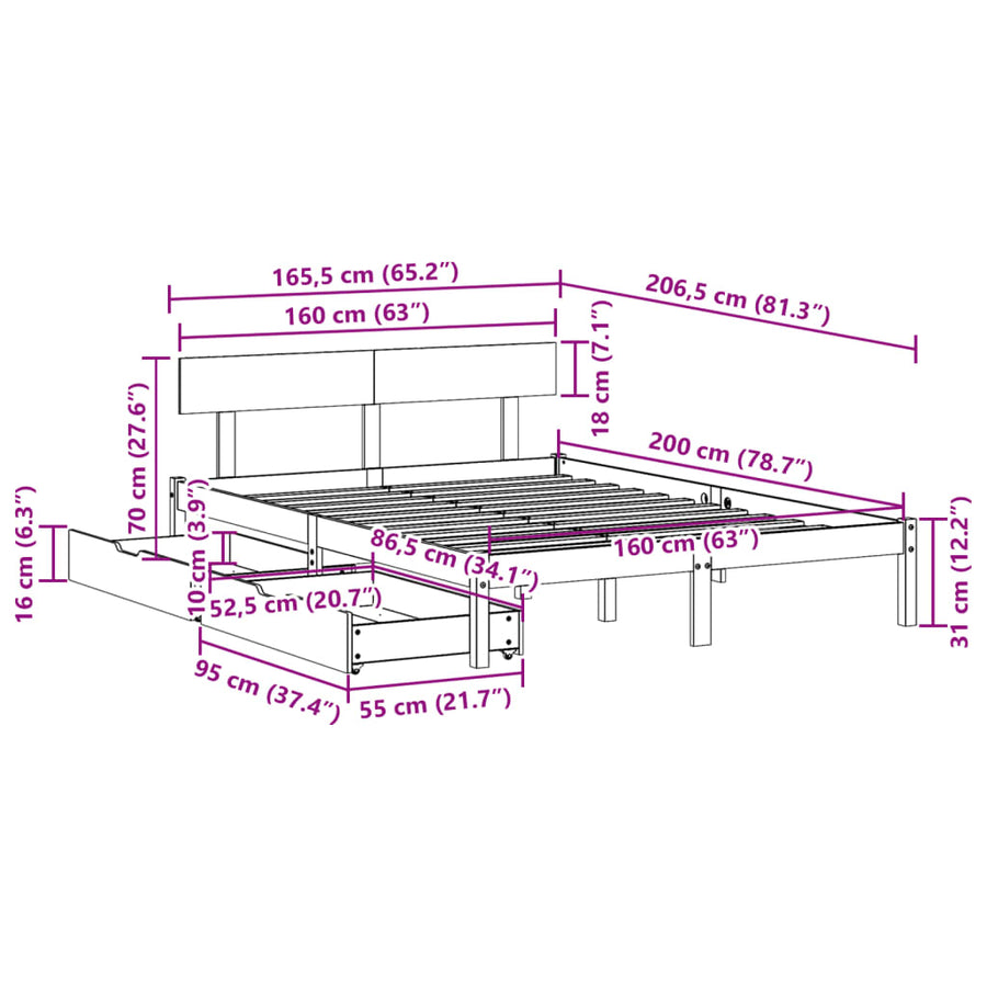 Bedframe zonder matras massief grenenhout wit 160x200 cm