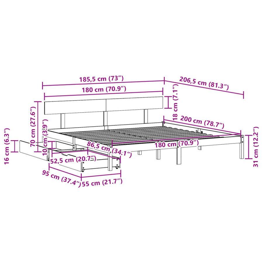 Bedframe zonder matras massief grenenhout wit 180x200 cm