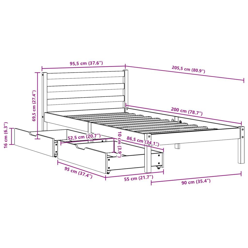 Bedframe zonder matras massief grenenhout wit 90x200 cm