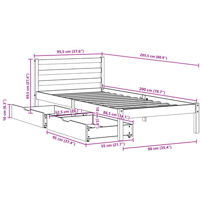 Bedframe zonder matras massief grenenhout wit 90x200 cm