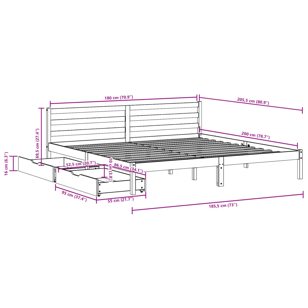 Bedframe zonder matras massief grenenhout wit 180x200 cm