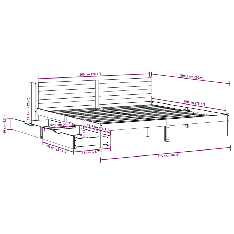 Bedframe zonder matras massief grenenhout wit 200x200 cm