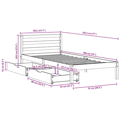 Bedframe zonder matras massief grenenhout wasbruin 75x190 cm