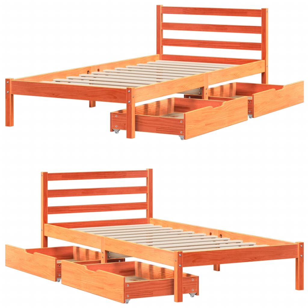 Bedframe zonder matras massief grenenhout wasbruin 75x190 cm