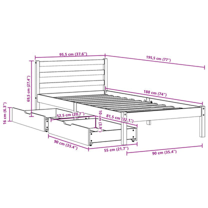 Bedframe zonder matras massief grenenhout wasbruin 90x190 cm