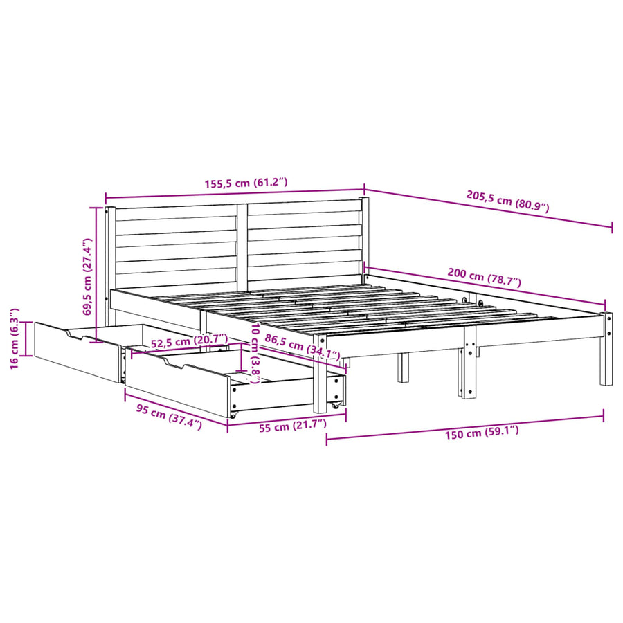Bedframe zonder matras massief grenenhout wasbruin 150x200 cm