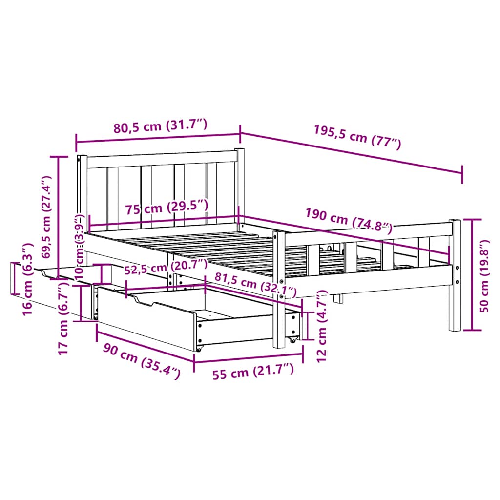 Bedframe zonder matras massief grenenhout 75x190 cm