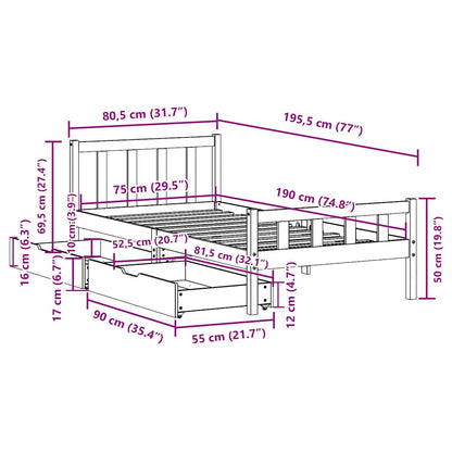 Bedframe zonder matras massief grenenhout 75x190 cm