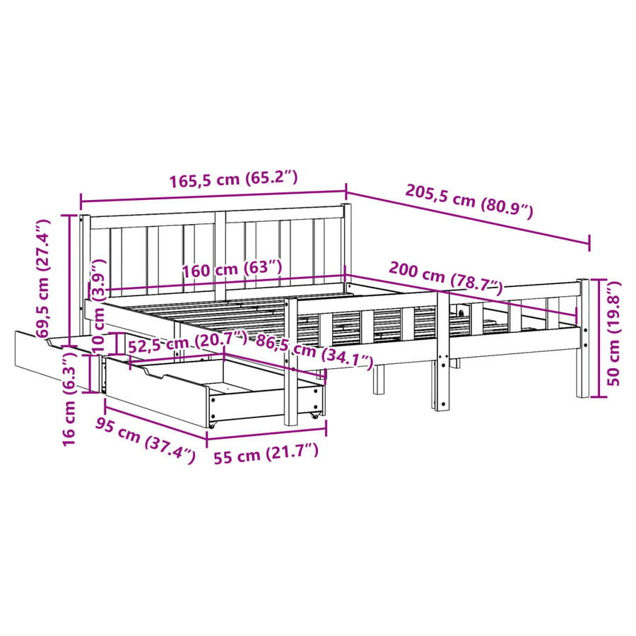 Bedframe zonder matras massief grenenhout wit 160x200 cm