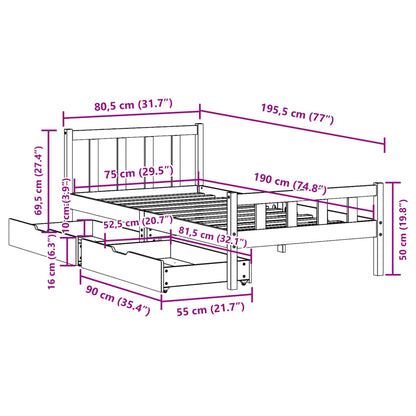 Bedframe zonder matras massief grenenhout wasbruin 75x190 cm