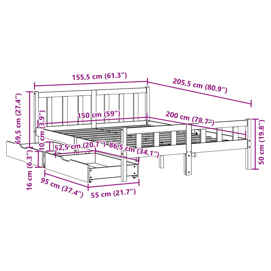 Bedframe zonder matras massief grenenhout wasbruin 150x200 cm