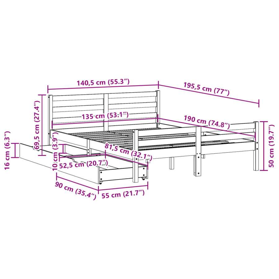 Bedframe zonder matras massief grenenhout wit 135x190 cm