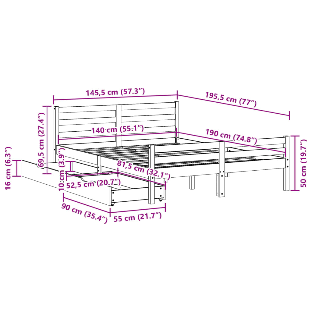 Bedframe zonder matras massief grenenhout 140x190 cm