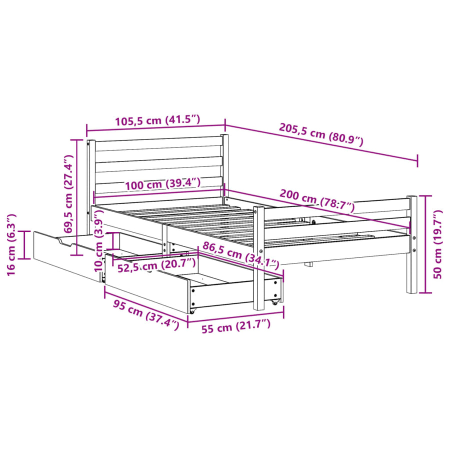 Bedframe zonder matras massief grenenhout wit 140x200 cm