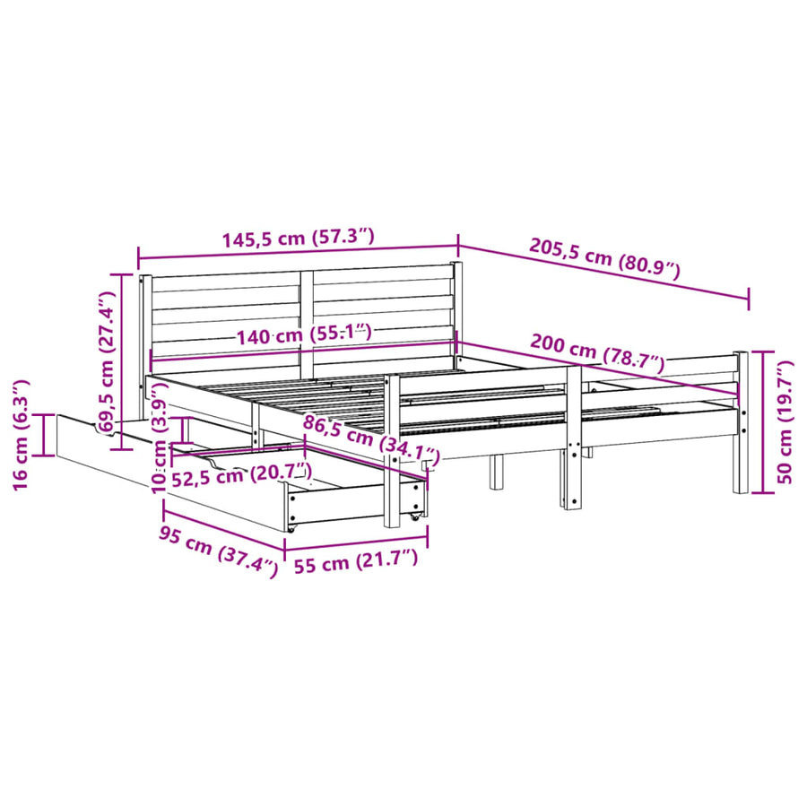 Bedframe zonder matras massief grenenhout wit 140x200 cm