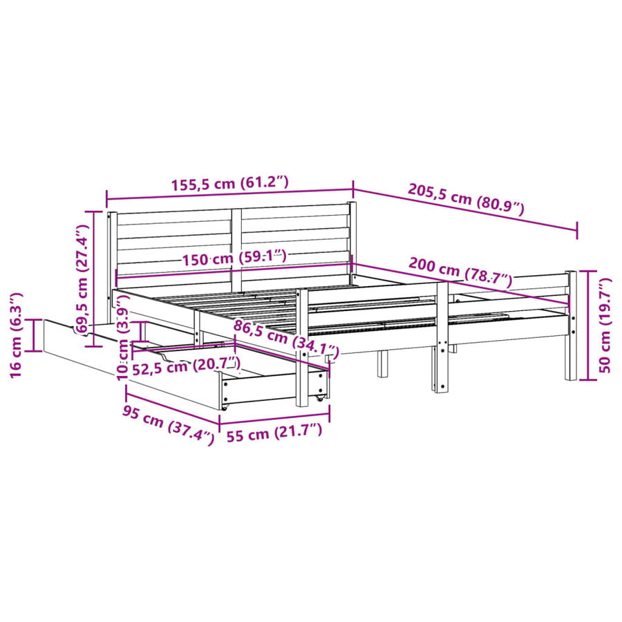 Bedframe zonder matras massief grenenhout wit 150x200 cm