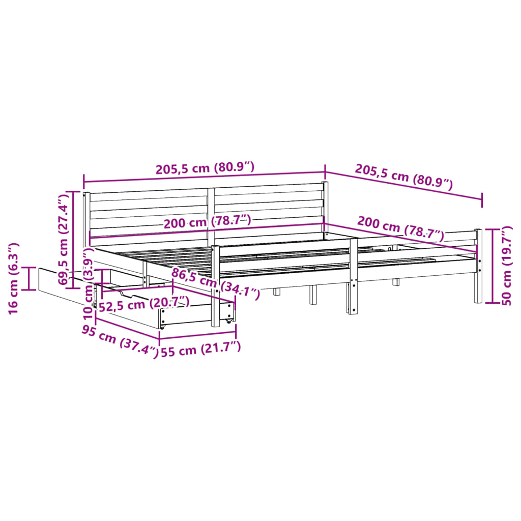 Bedframe zonder matras massief grenenhout 200x200 cm